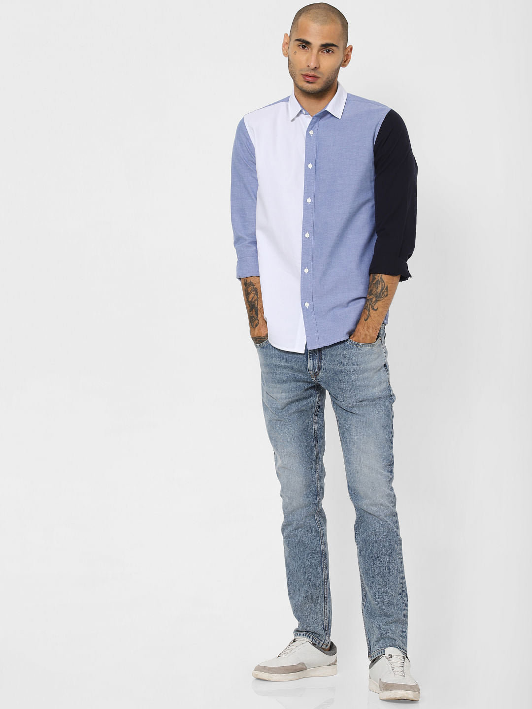 White Colourblocked Full Sleeves Shirt