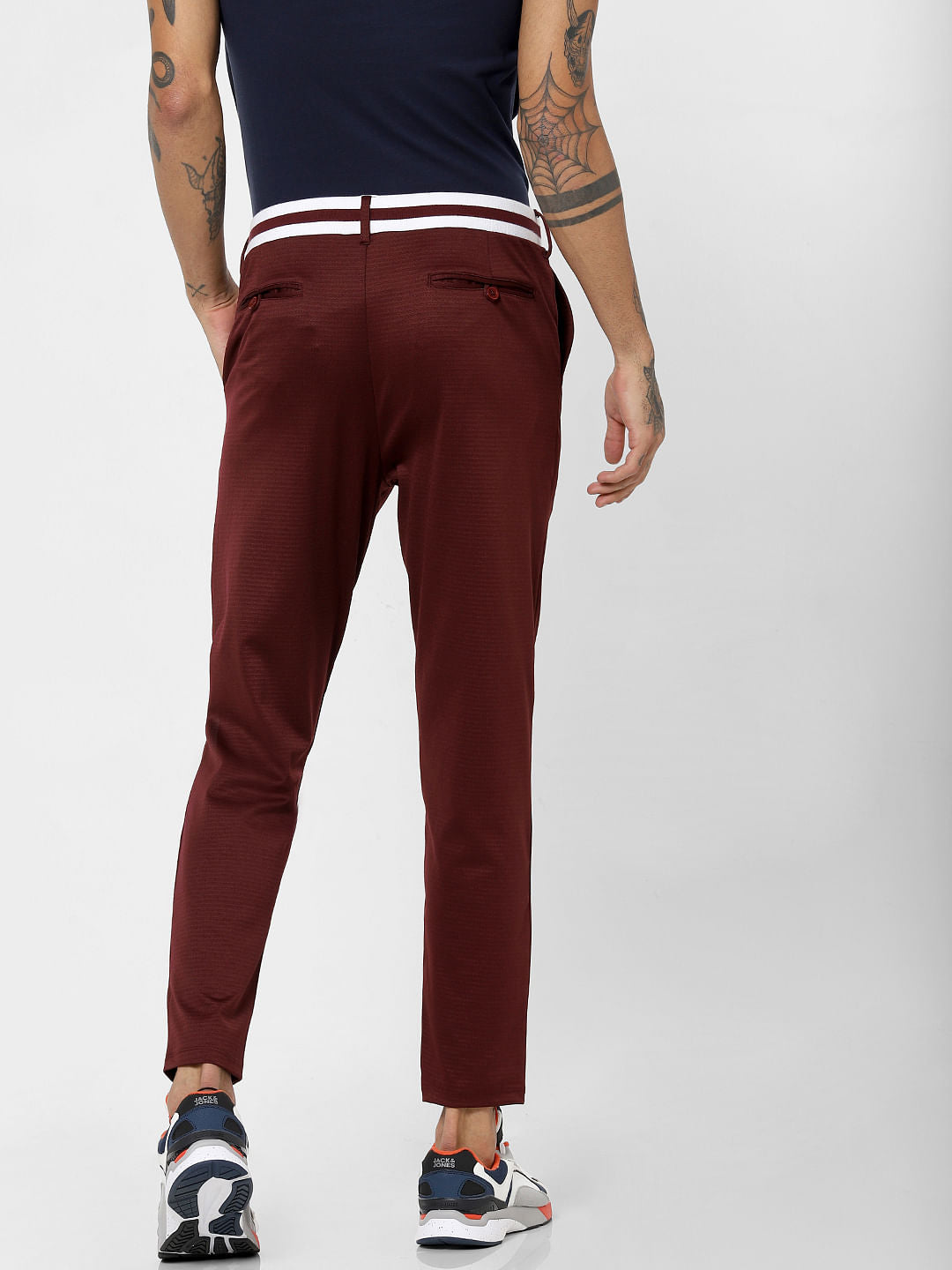 Burgundy Mid Rise Drawstring Slim Fit Pants