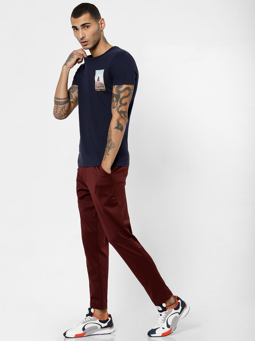Burgundy Mid Rise Drawstring Slim Fit Pants