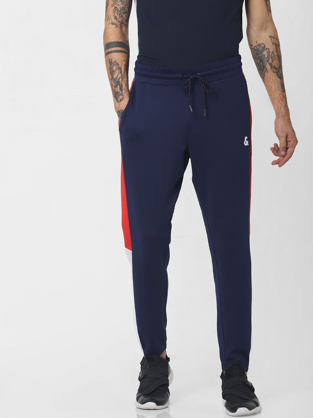 Navy Blue Mid Rise Tape Detail Sweatpants