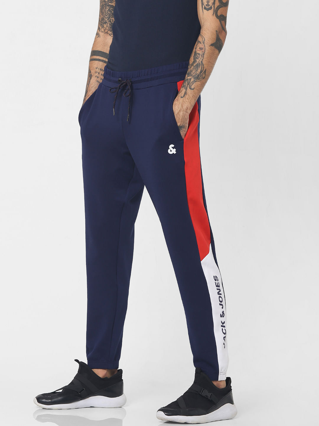 Navy Blue Mid Rise Tape Detail Sweatpants