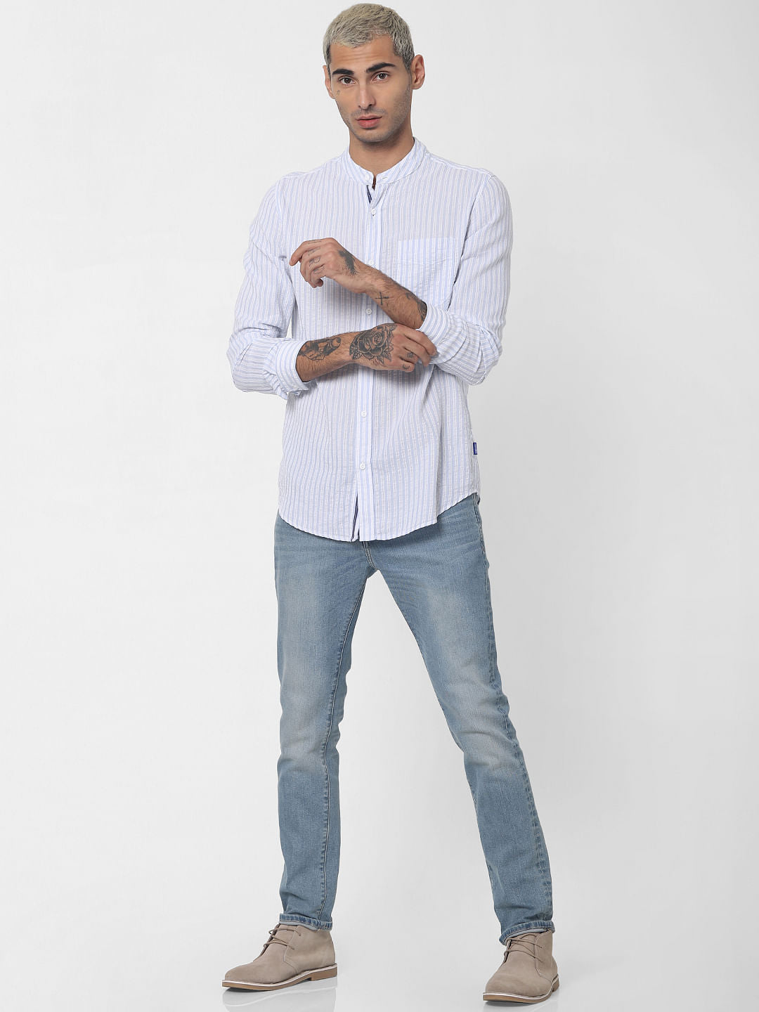 Light Blue Striped Full Sleeves Shirt