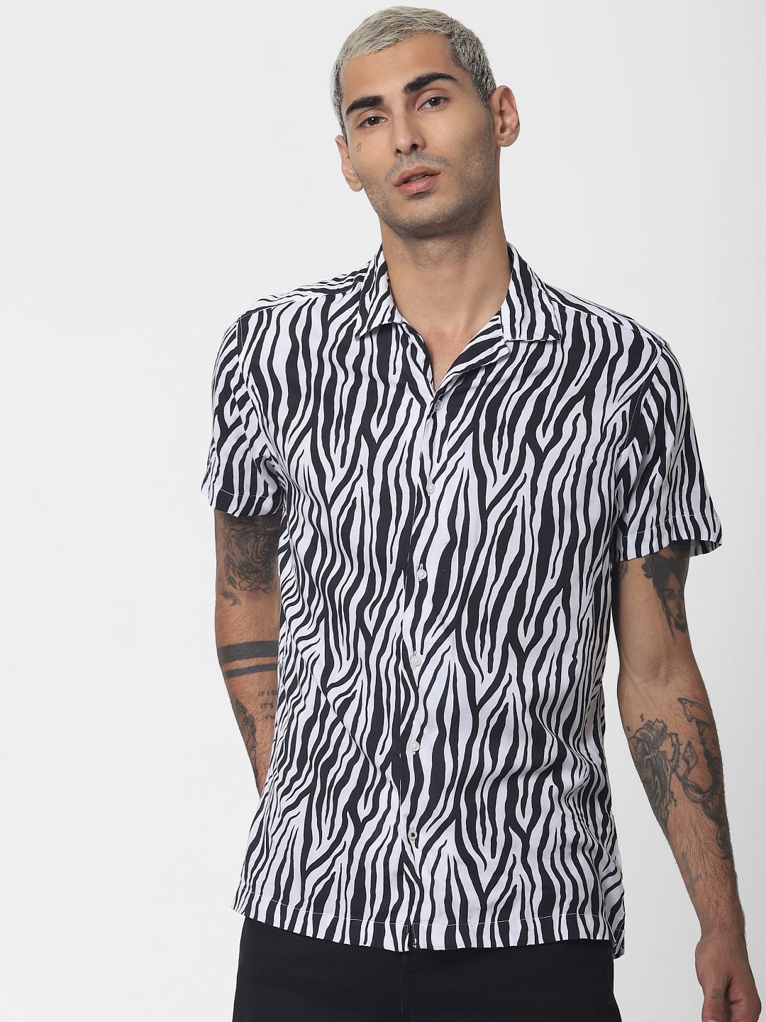 White Animal Print Short Sleeves Shirt