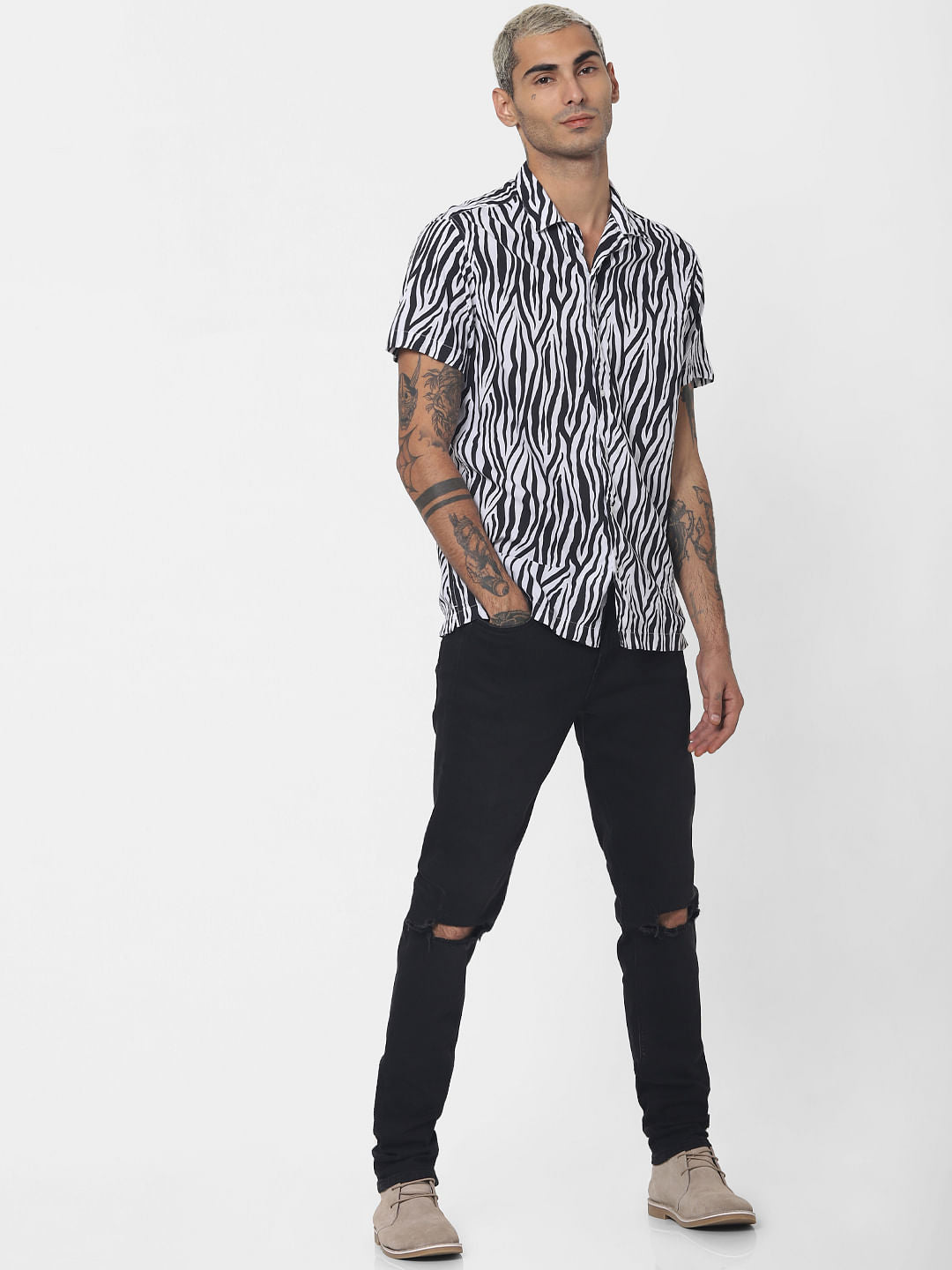 White Animal Print Short Sleeves Shirt
