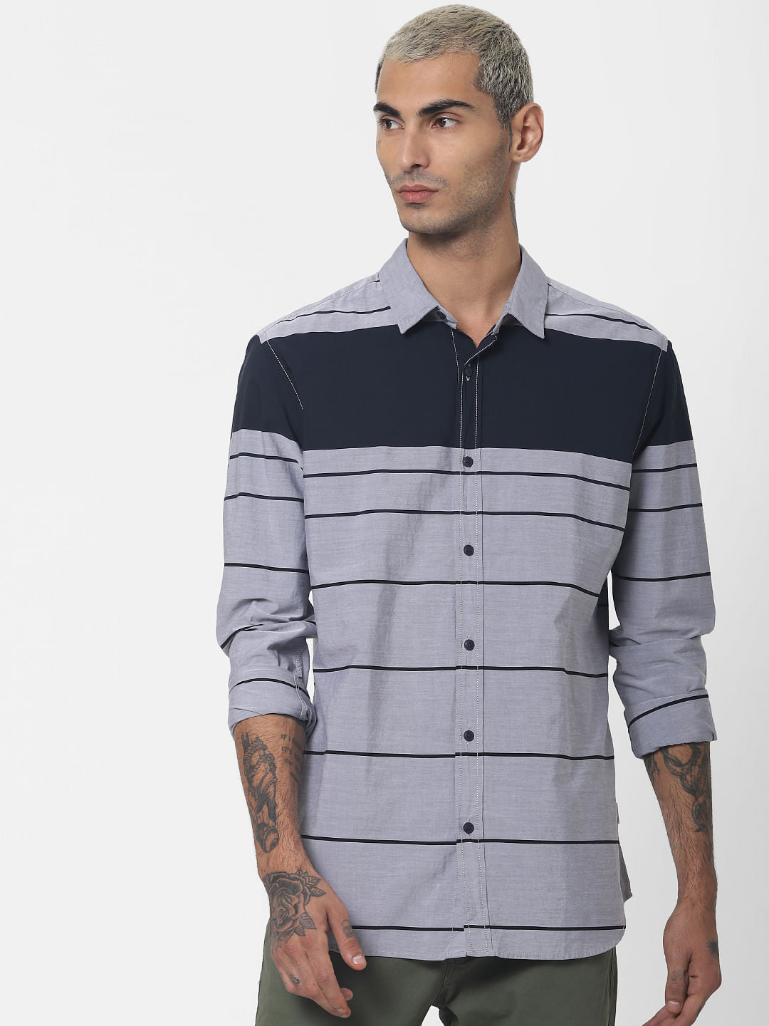 Grey Colourblocked Full Sleeves Shirt