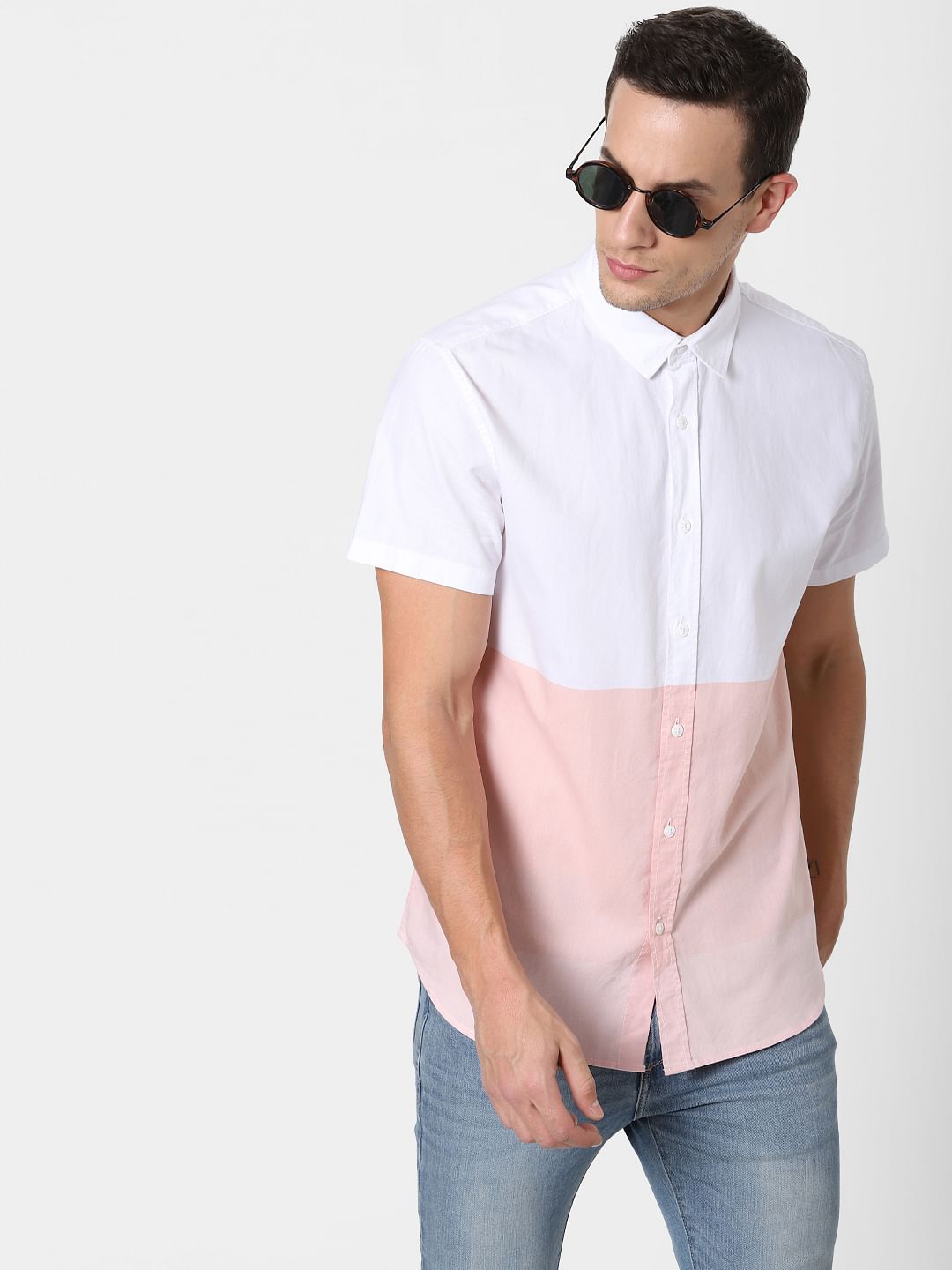 Pink Colourblocked Short Sleeves Shirt - S