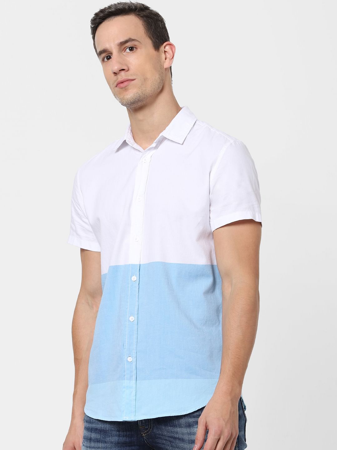 Blue Colourblocked Short Sleeves Shirt