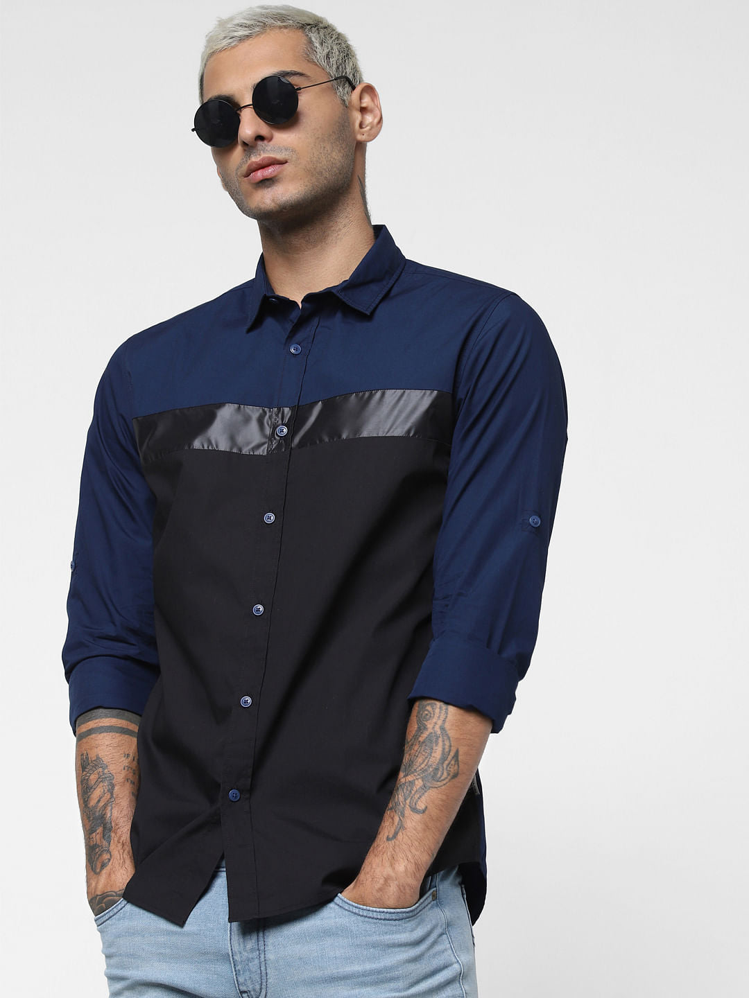 Navy Blue Colourblocked Full Sleeves Shirt - S
