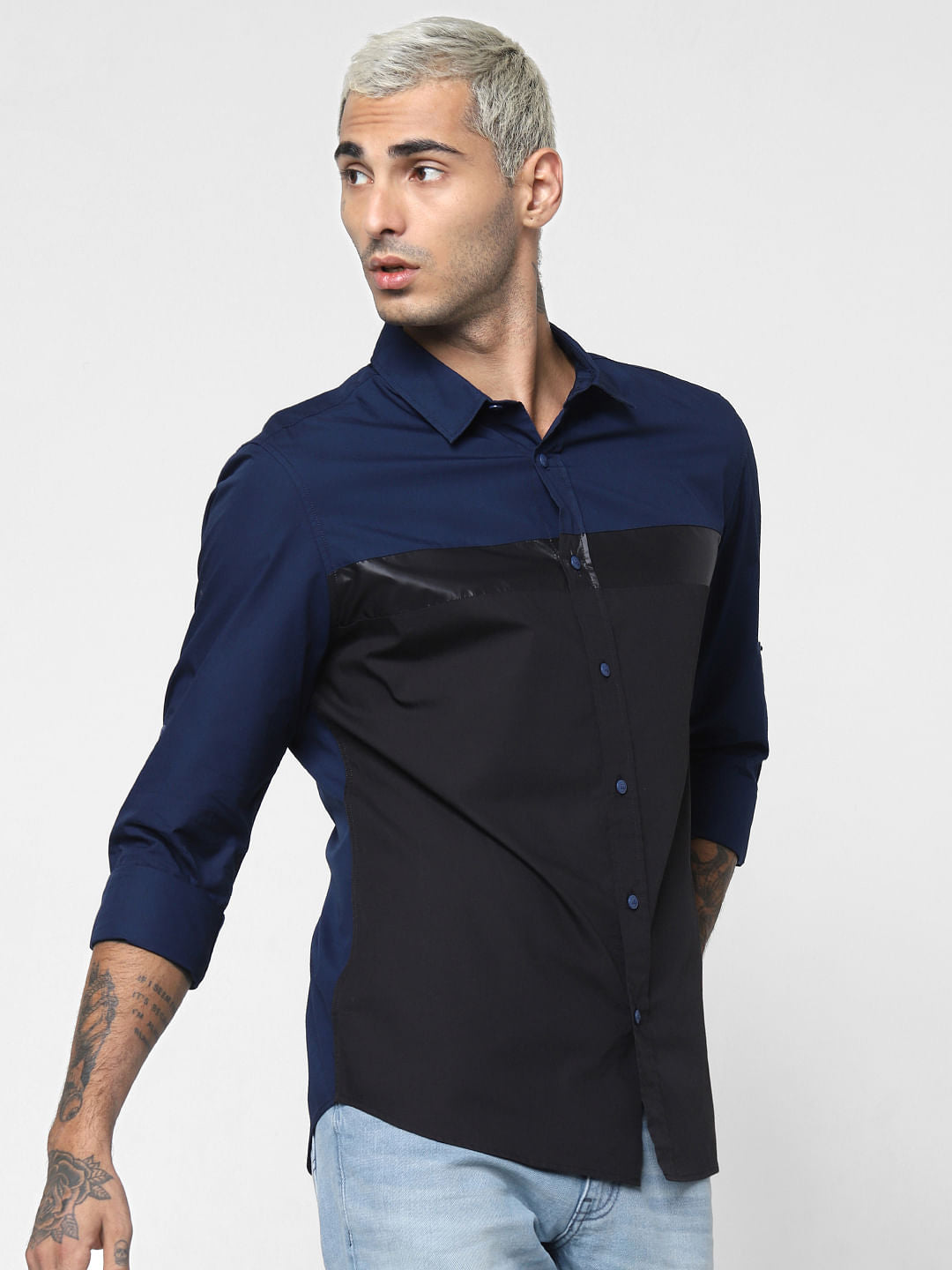 Navy Blue Colourblocked Full Sleeves Shirt