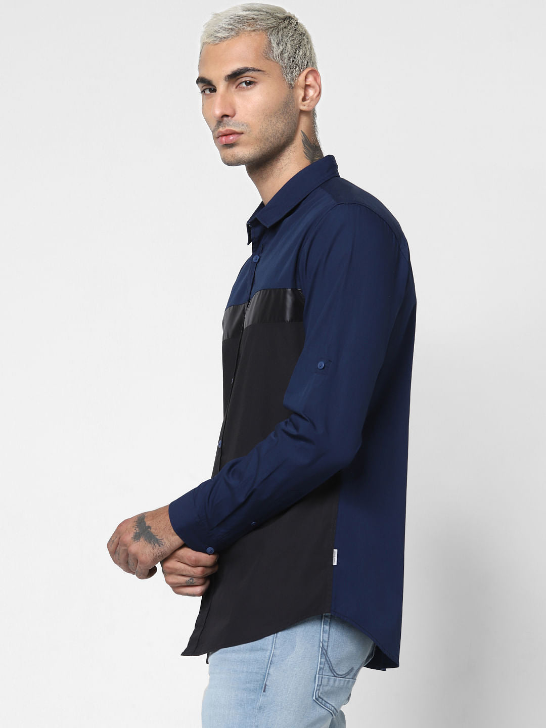 Navy Blue Colourblocked Full Sleeves Shirt