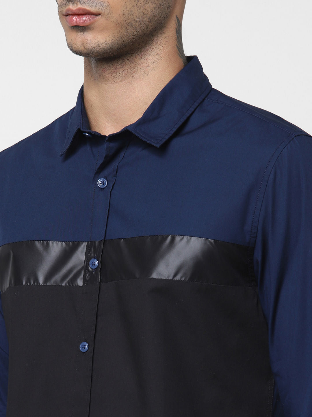 Navy Blue Colourblocked Full Sleeves Shirt