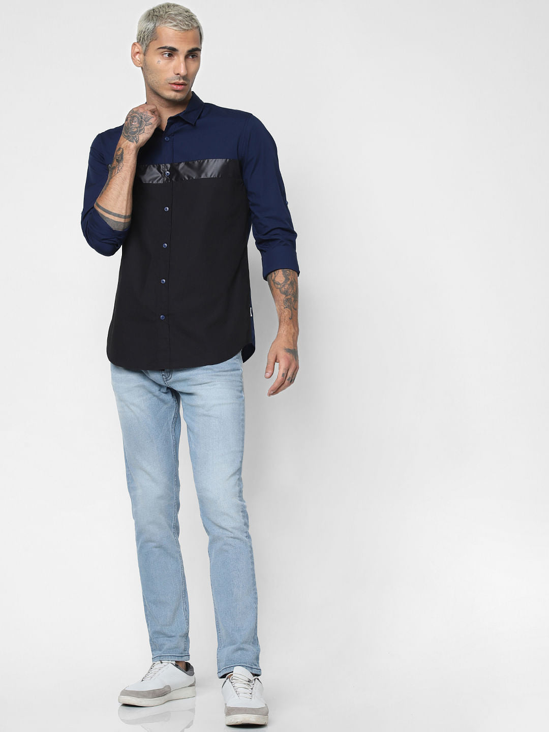 Navy Blue Colourblocked Full Sleeves Shirt