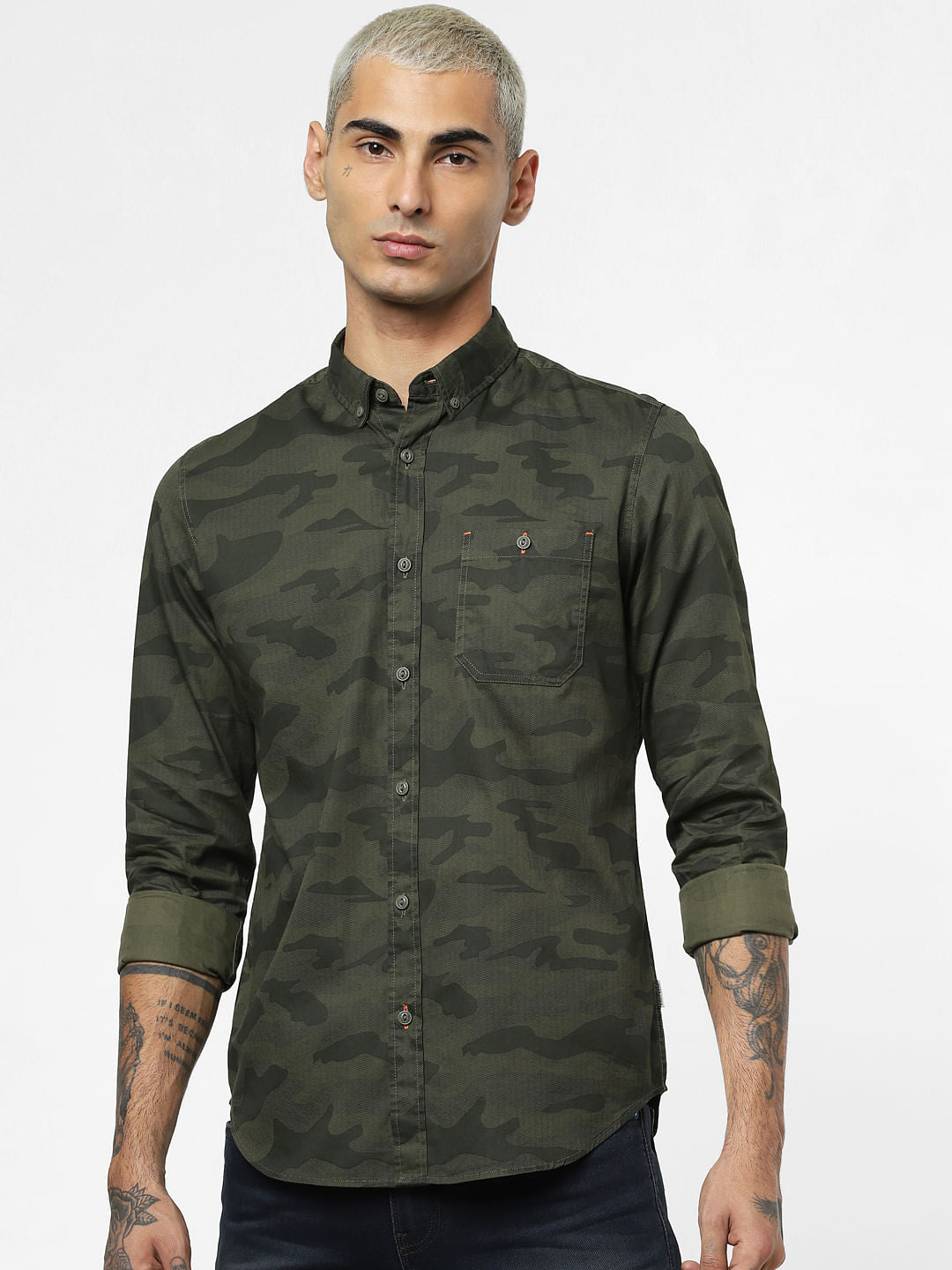 Green Camo Print Full Sleeves Shirt