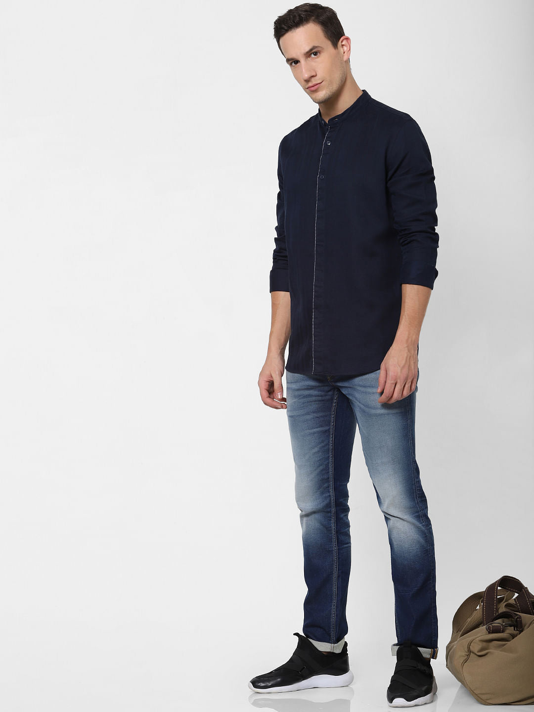 Navy Blue Mandarin Collar Full Sleeves Shirt - S
