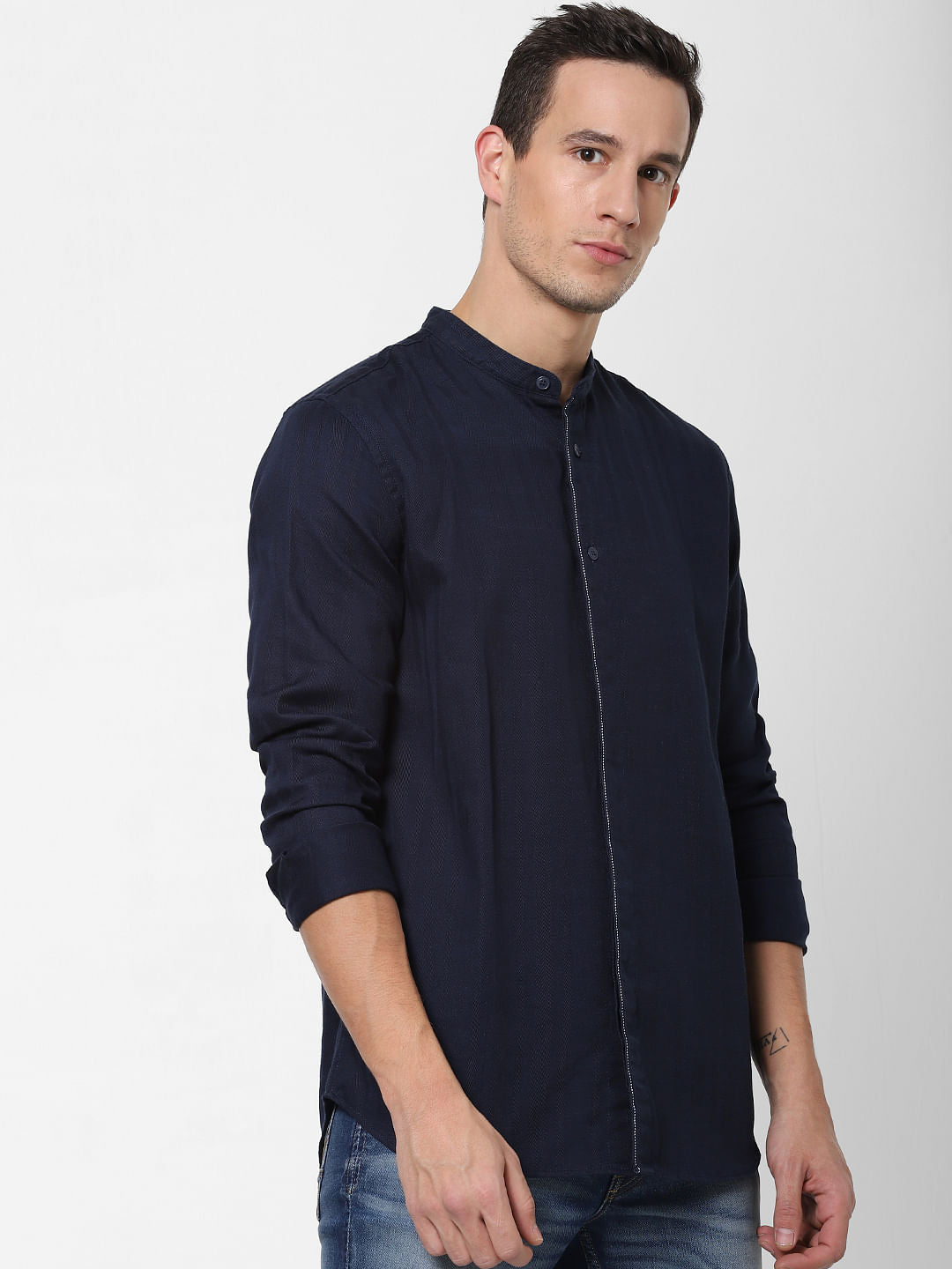 Navy Blue Mandarin Collar Full Sleeves Shirt