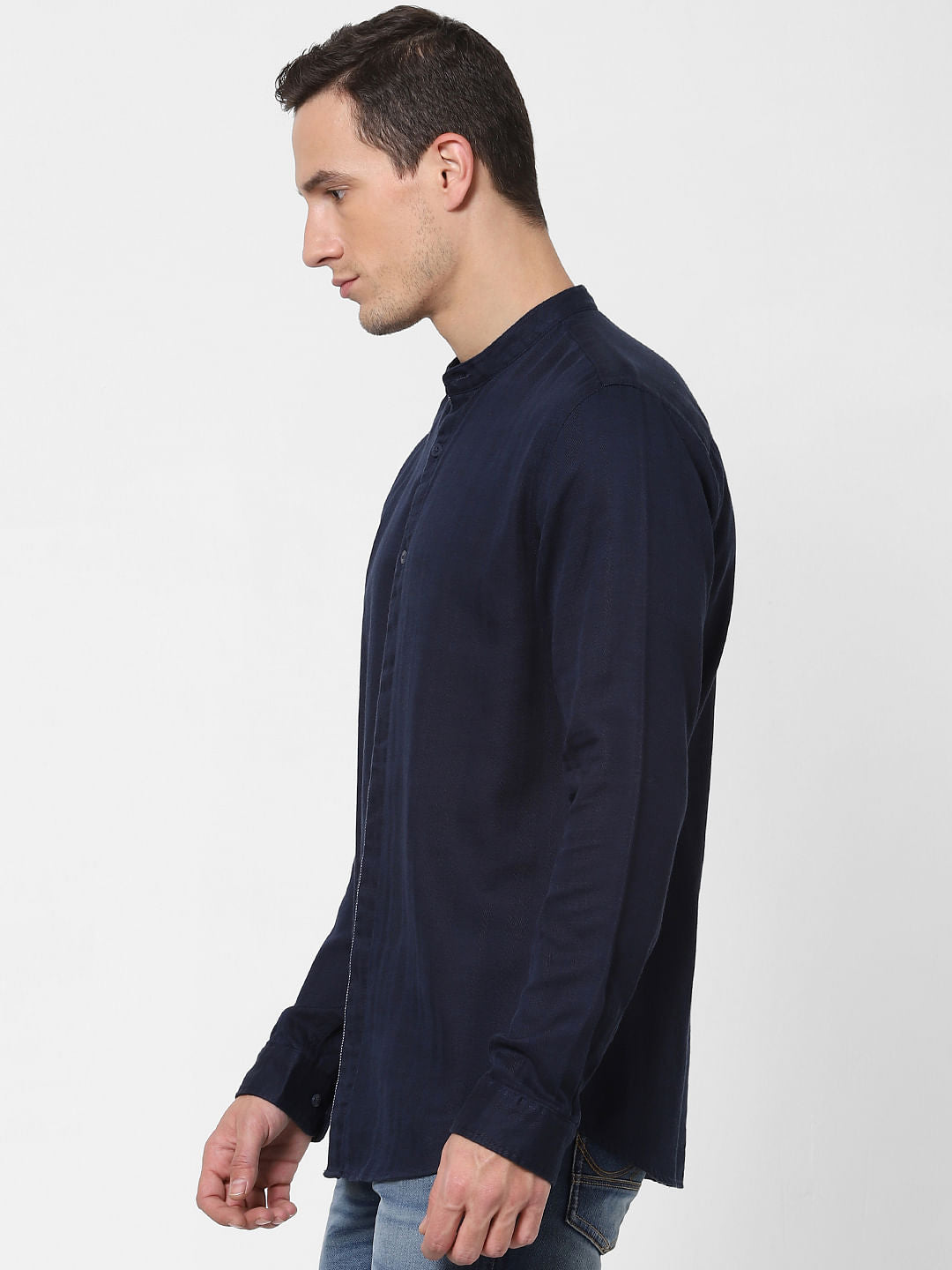 Navy Blue Mandarin Collar Full Sleeves Shirt