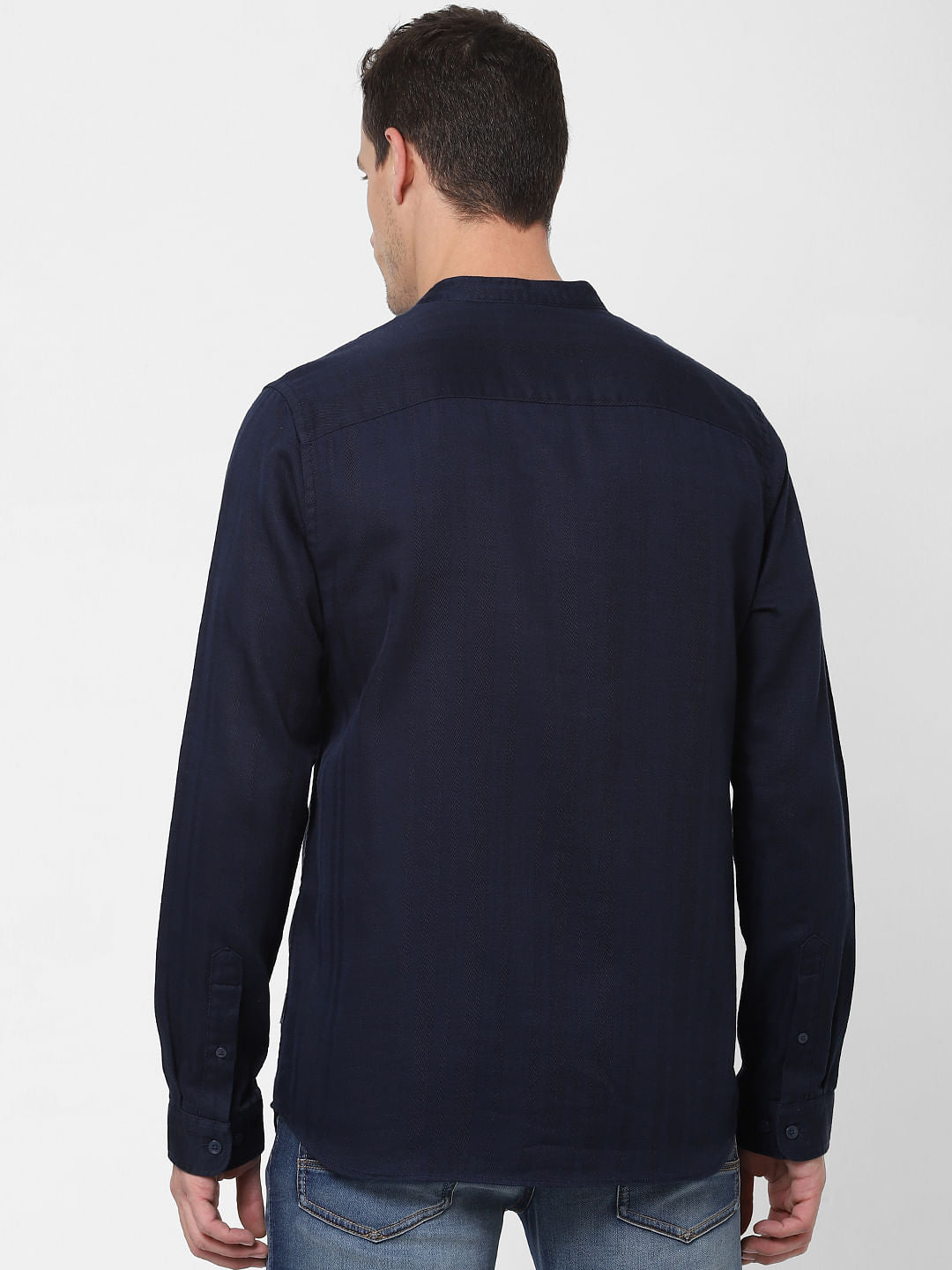 Navy Blue Mandarin Collar Full Sleeves Shirt