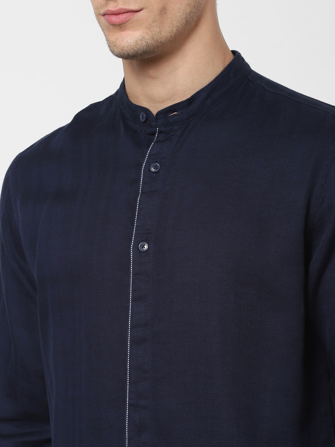 Navy Blue Mandarin Collar Full Sleeves Shirt