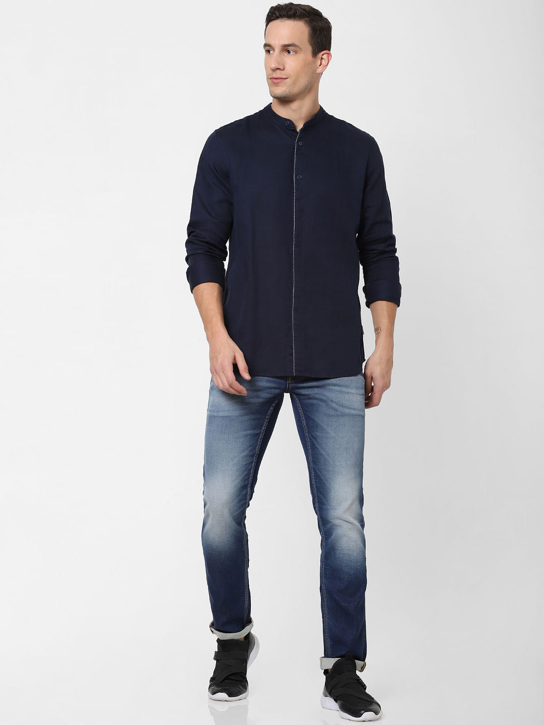 Navy Blue Mandarin Collar Full Sleeves Shirt
