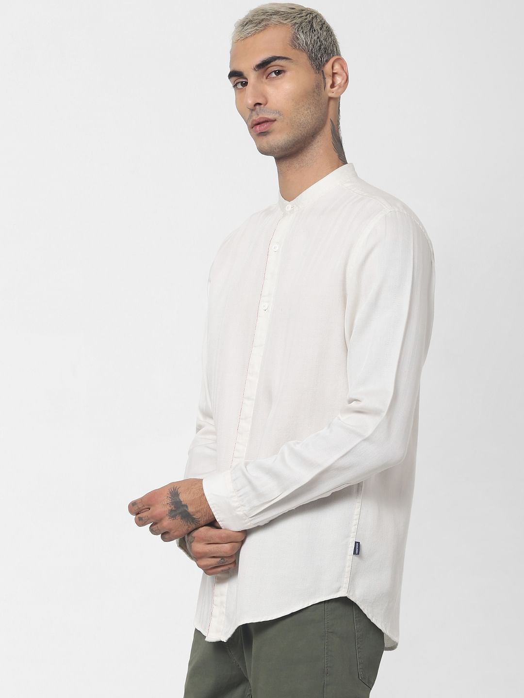 White Mandarin Collar Full Sleeves Shirt