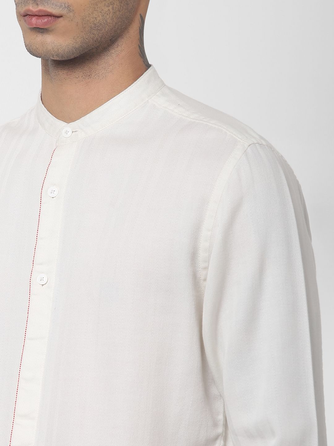 White Mandarin Collar Full Sleeves Shirt