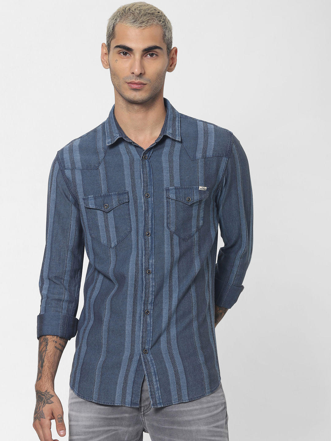 Blue Striped Denim Full Sleeves Shirt