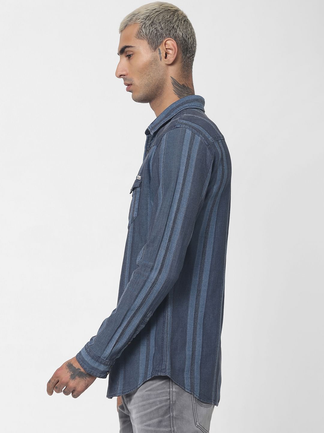Blue Striped Denim Full Sleeves Shirt