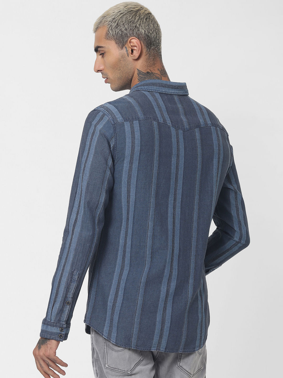 Blue Striped Denim Full Sleeves Shirt