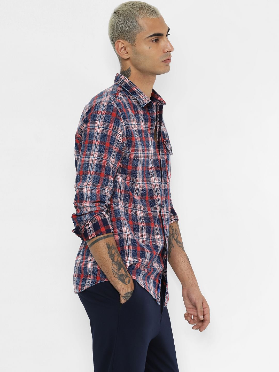 Red Check Washed Full Sleeves Shirt - S