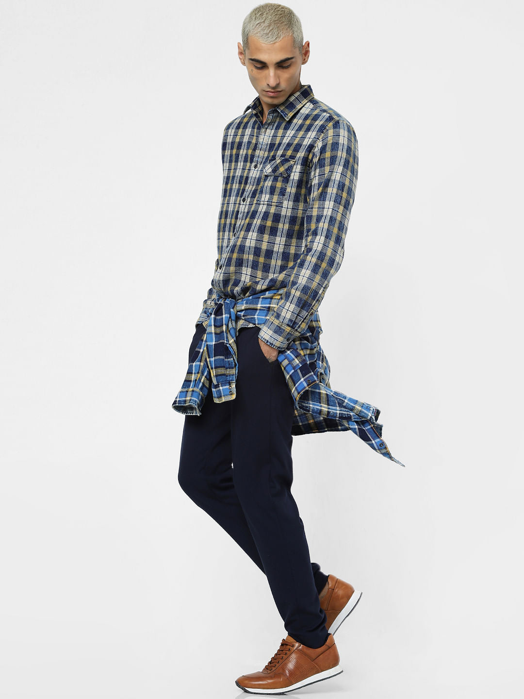 Yellow Check Washed Full Sleeves Shirt - S