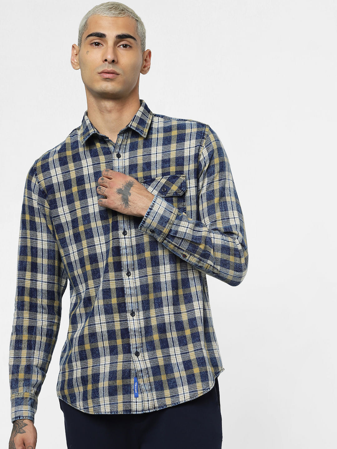 Yellow Check Washed Full Sleeves Shirt