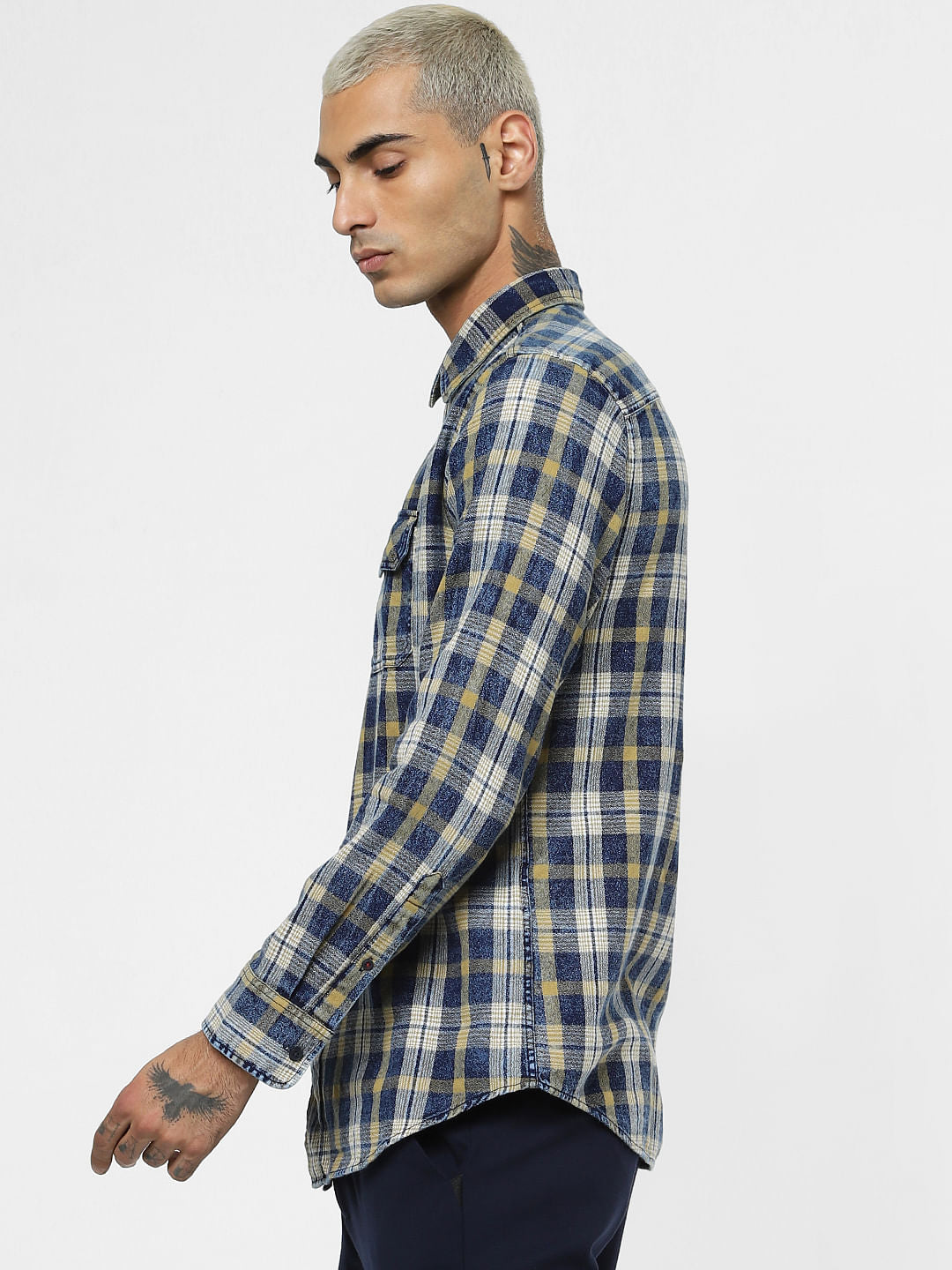 Yellow Check Washed Full Sleeves Shirt