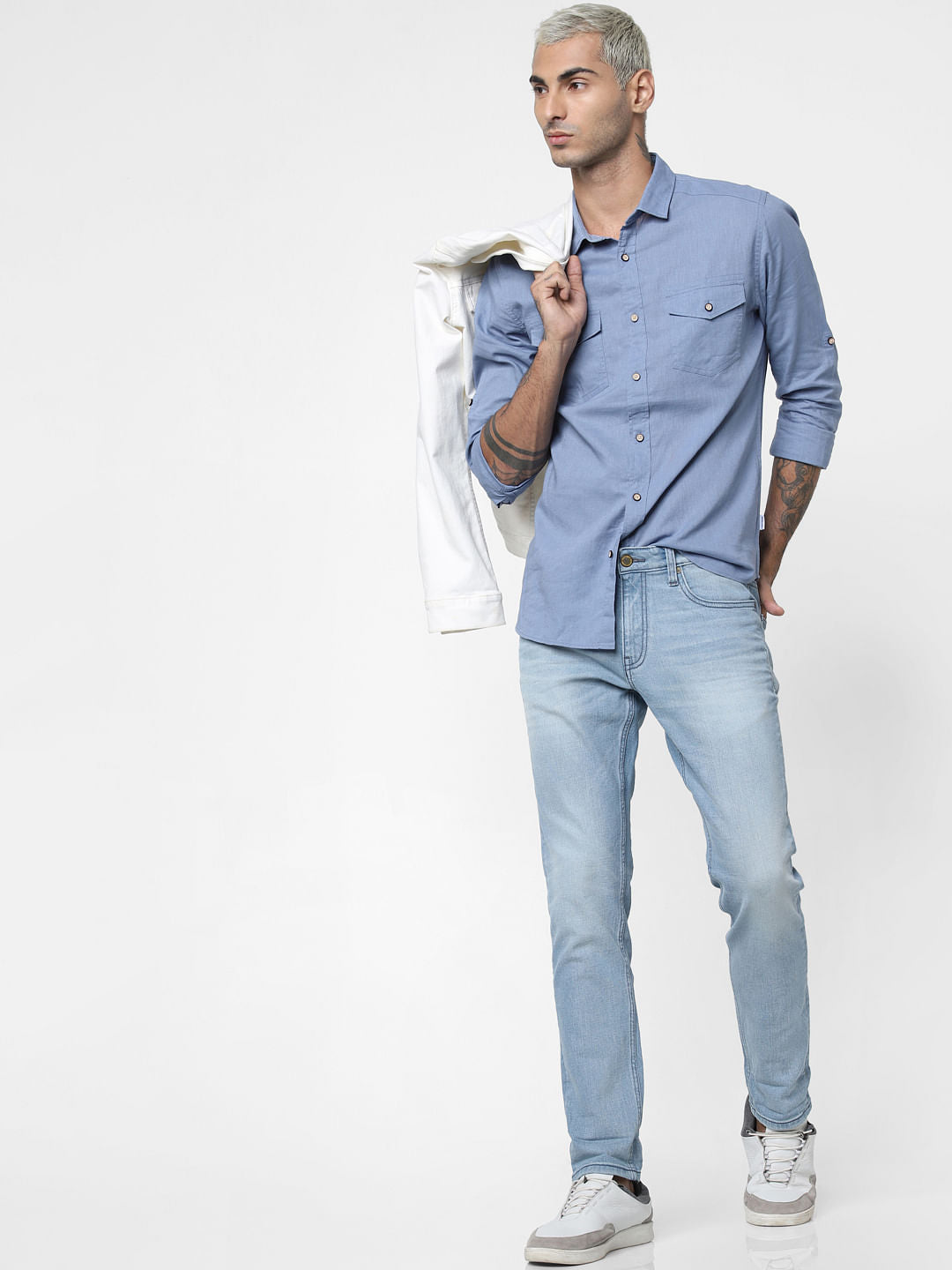 Blue Washed Linen Full Sleeves Shirt - S