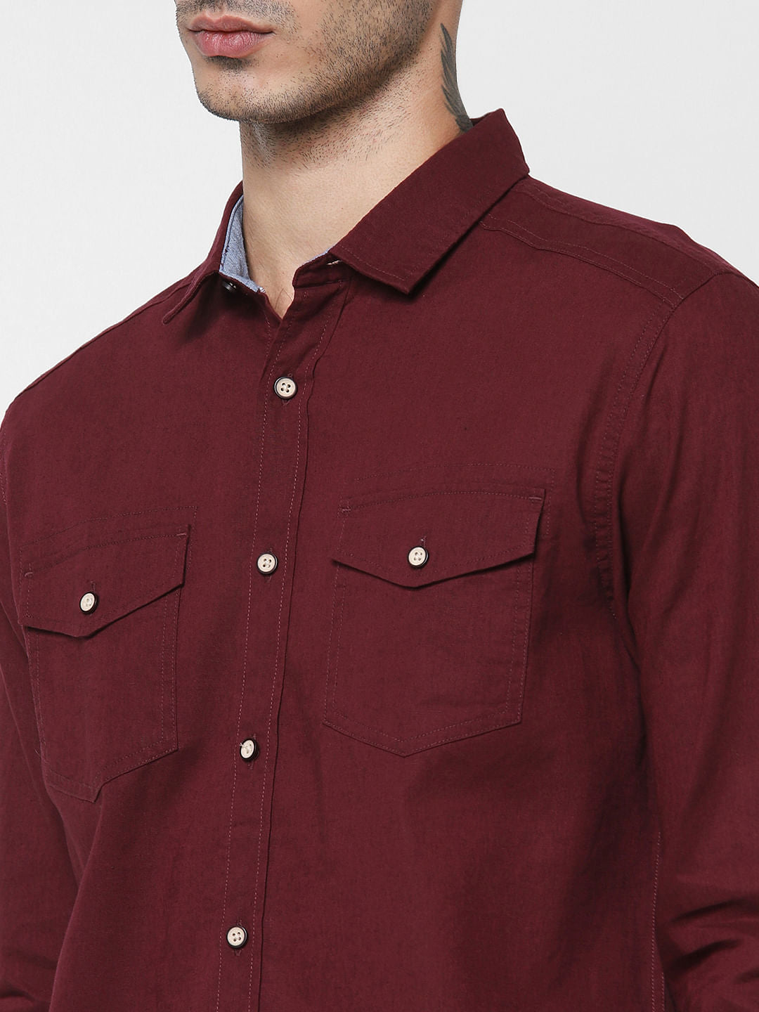 Maroon Washed Linen Full Sleeves Shirt