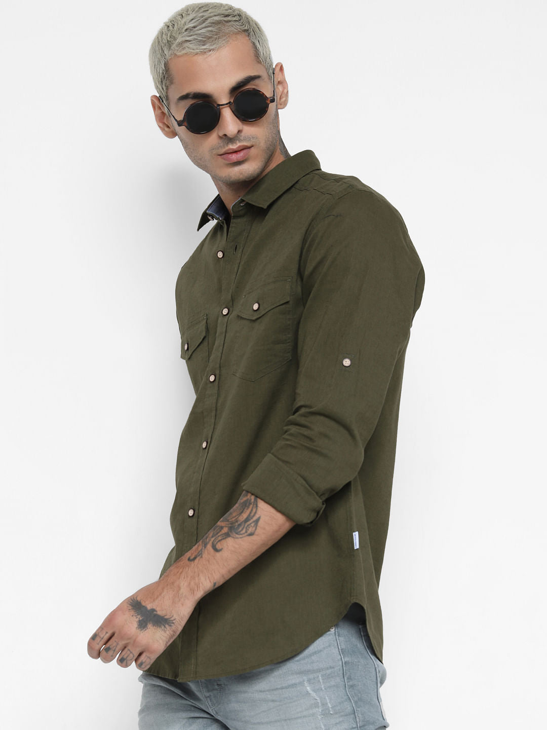 Green Washed Linen Full Sleeves Shirt - S