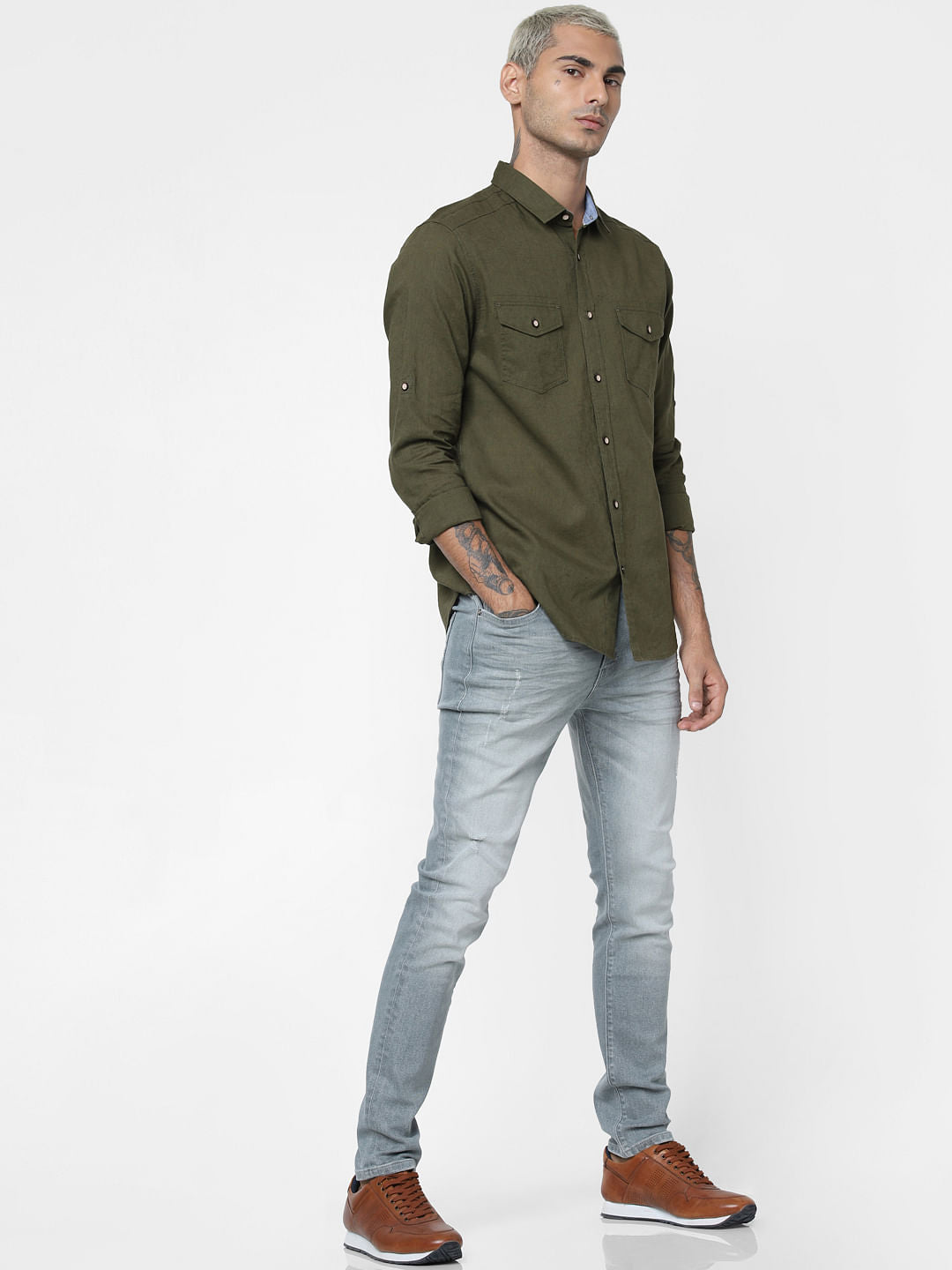 Green Washed Linen Full Sleeves Shirt