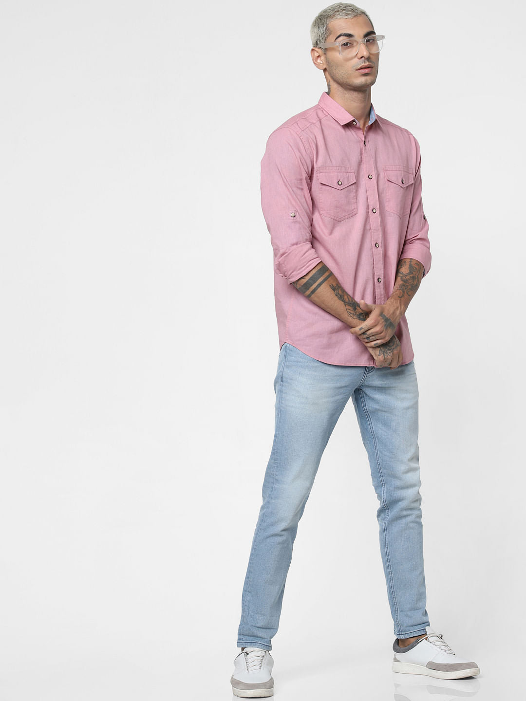 Mauve Washed Linen Full Sleeves Shirt - S