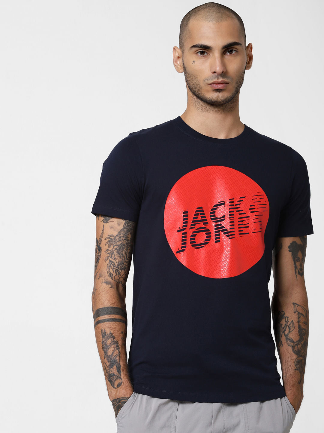 Dark Blue Logo Print Crew Neck T-shirt