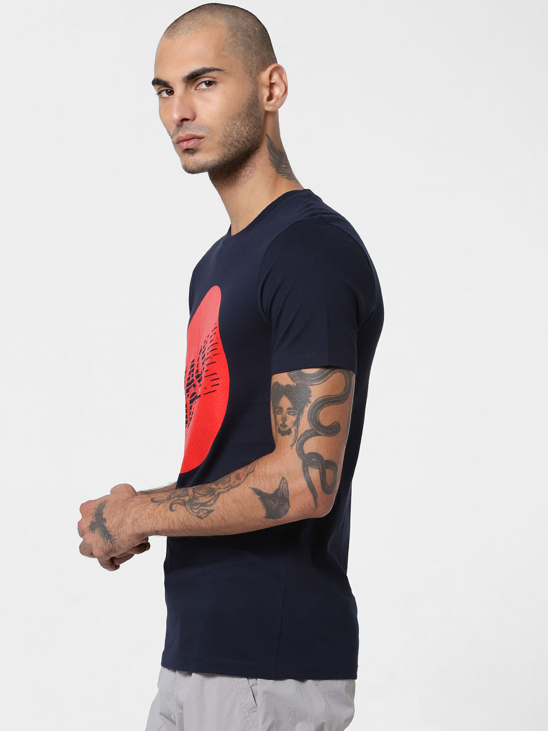 Dark Blue Logo Print Crew Neck T-shirt