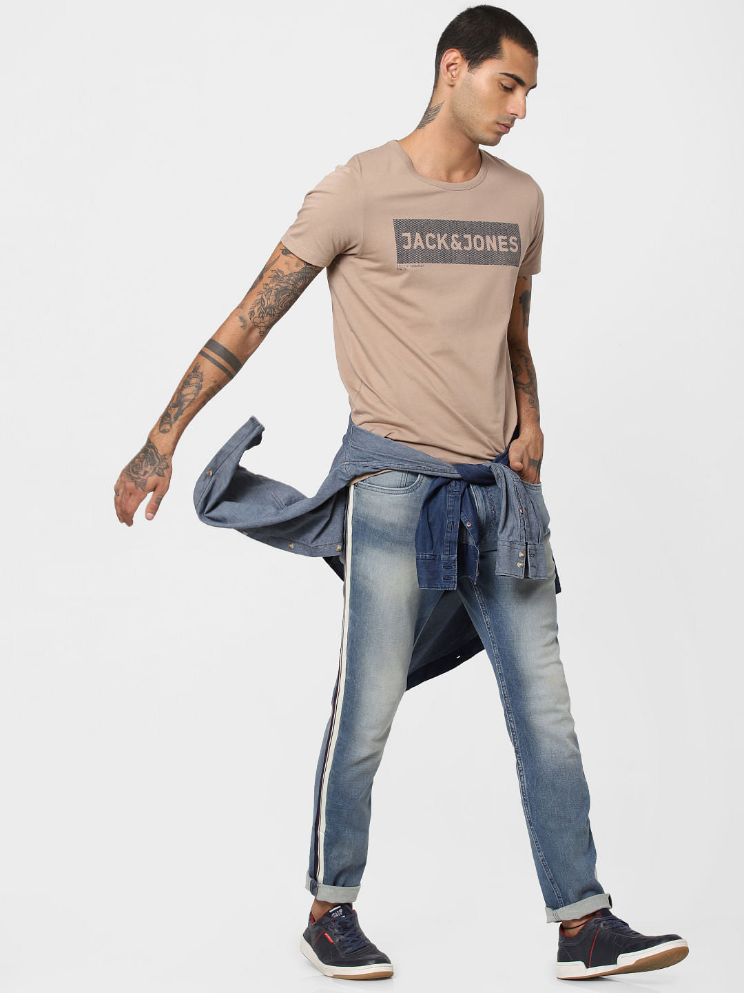 Beige Logo Print Crew Neck T-shirt - S
