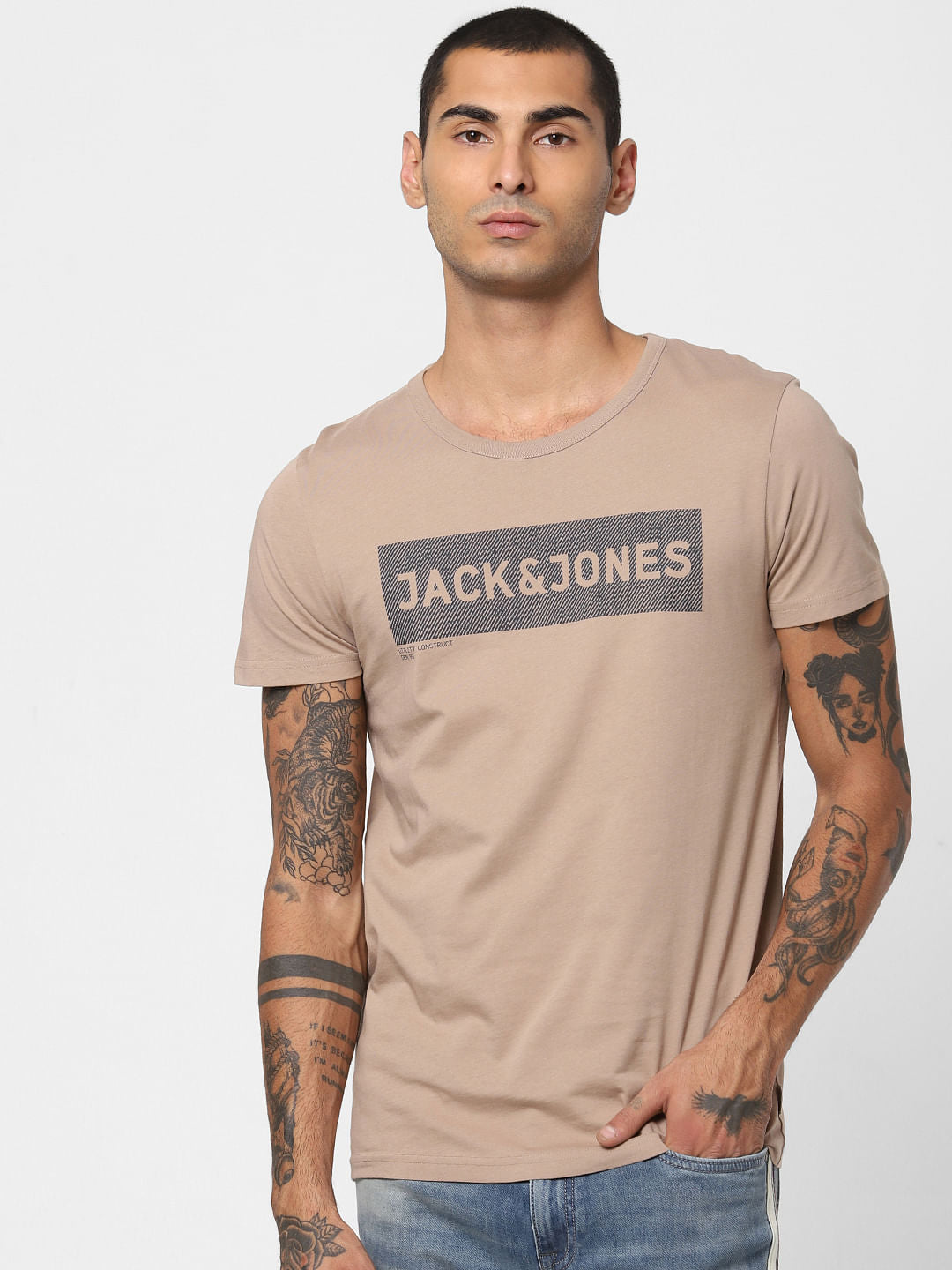 Beige Logo Print Crew Neck T-shirt