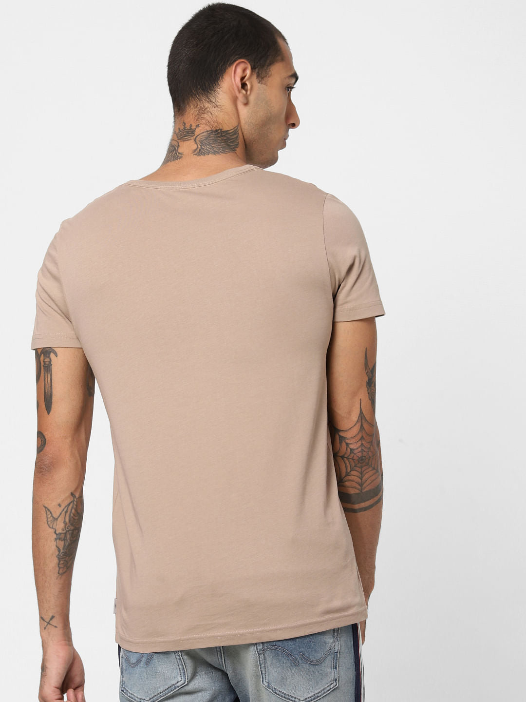 Beige Logo Print Crew Neck T-shirt