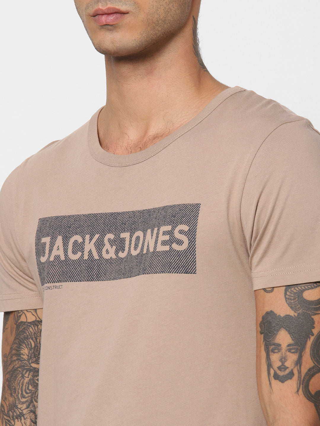Beige Logo Print Crew Neck T-shirt