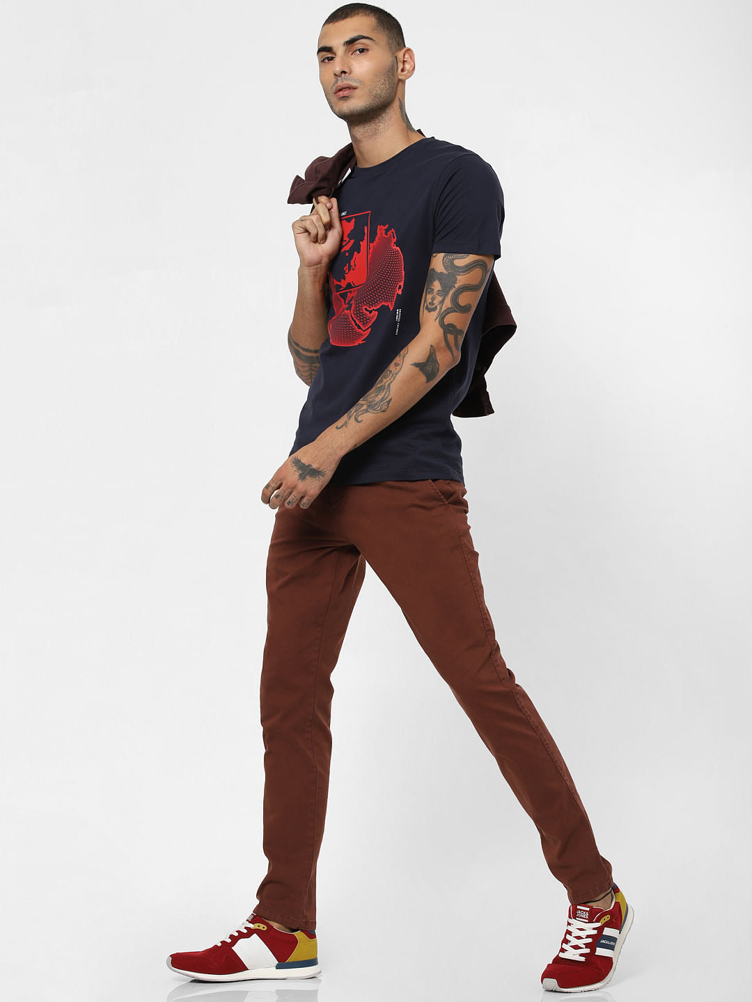Navy Blue Map Print Crew Neck T-shirt - S