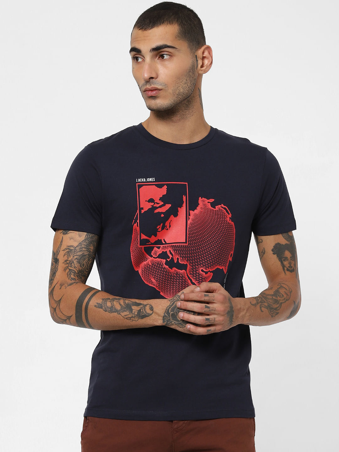 Navy Blue Map Print Crew Neck T-shirt