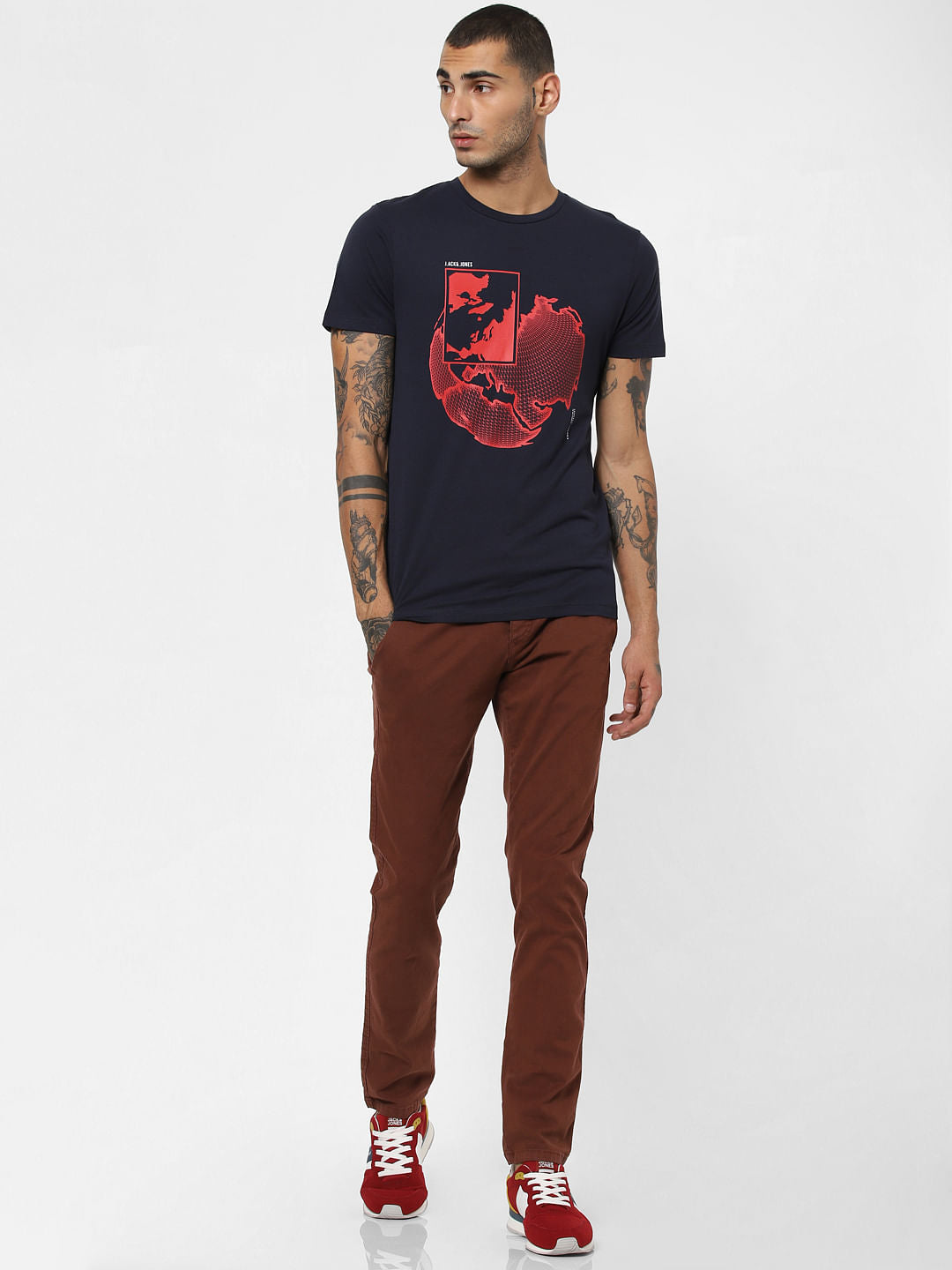 Navy Blue Map Print Crew Neck T-shirt