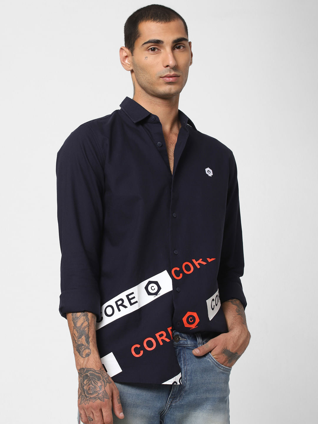Navy Blue Logo Print Full Sleeves Shirt