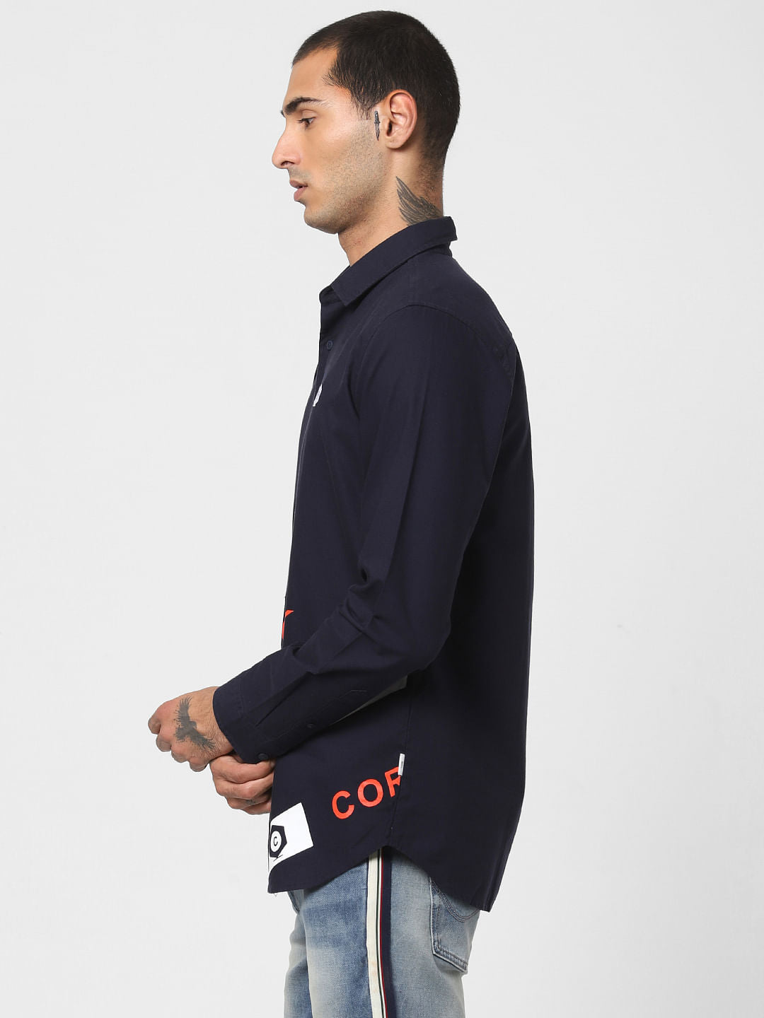 Navy Blue Logo Print Full Sleeves Shirt