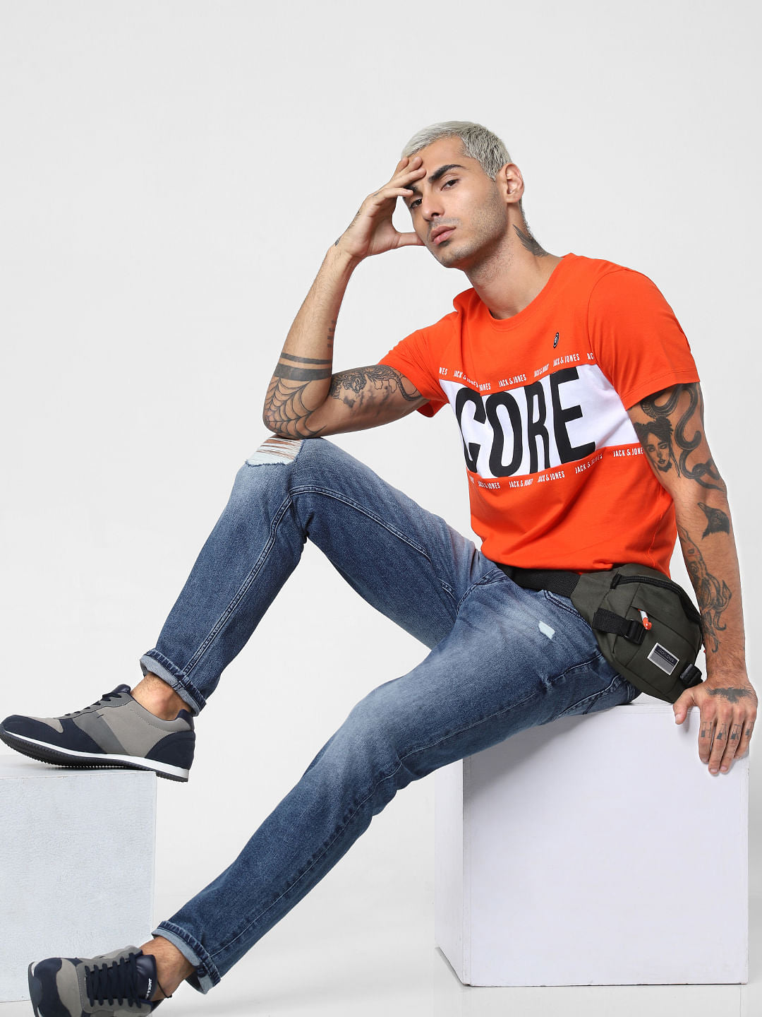 Orange Logo Print Crew Neck T-shirt - S