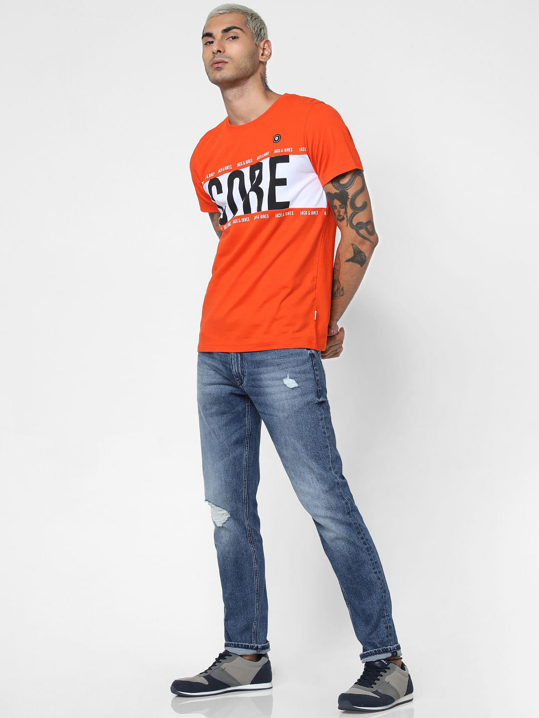 Orange Logo Print Crew Neck T-shirt